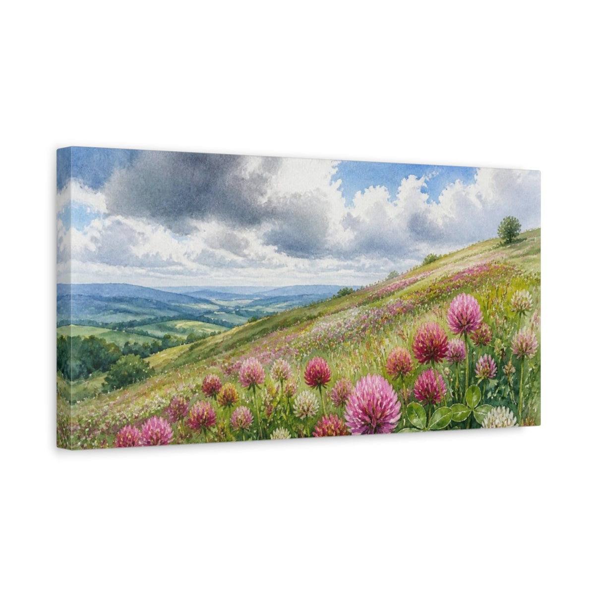 Side Mockup 3. Nature Clover Meadow shown as canvas print