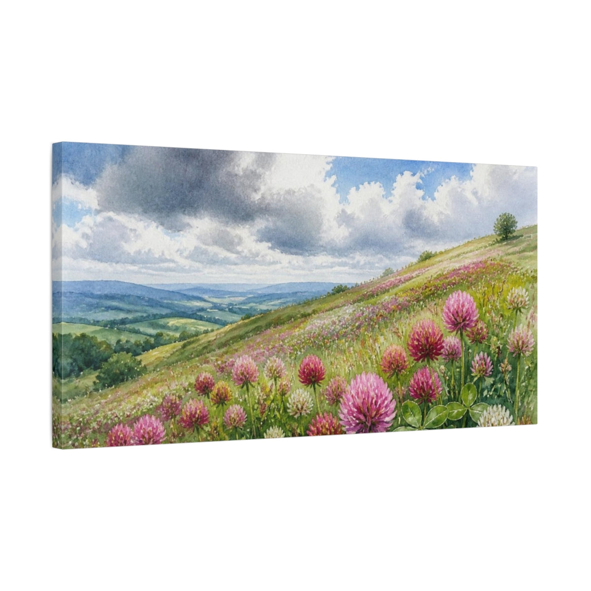 Side Mockup 1. Nature Clover Meadow shown as canvas print