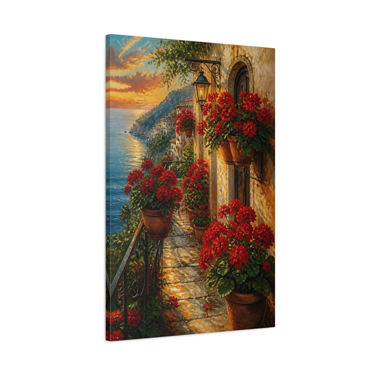 Main Mockup. Nature Coastal Balcony Mediterranean Sunset shown as canvas print