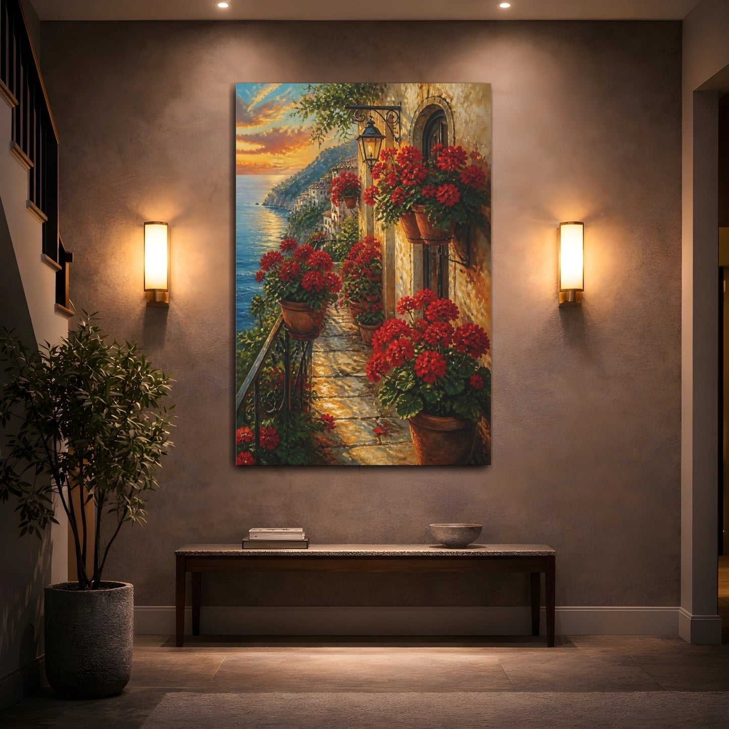 Nature Coastal Balcony Mediterranean Sunset Canvas Print Wall Art – Impressionistic Living Room, Above Console Table - YesArtYes