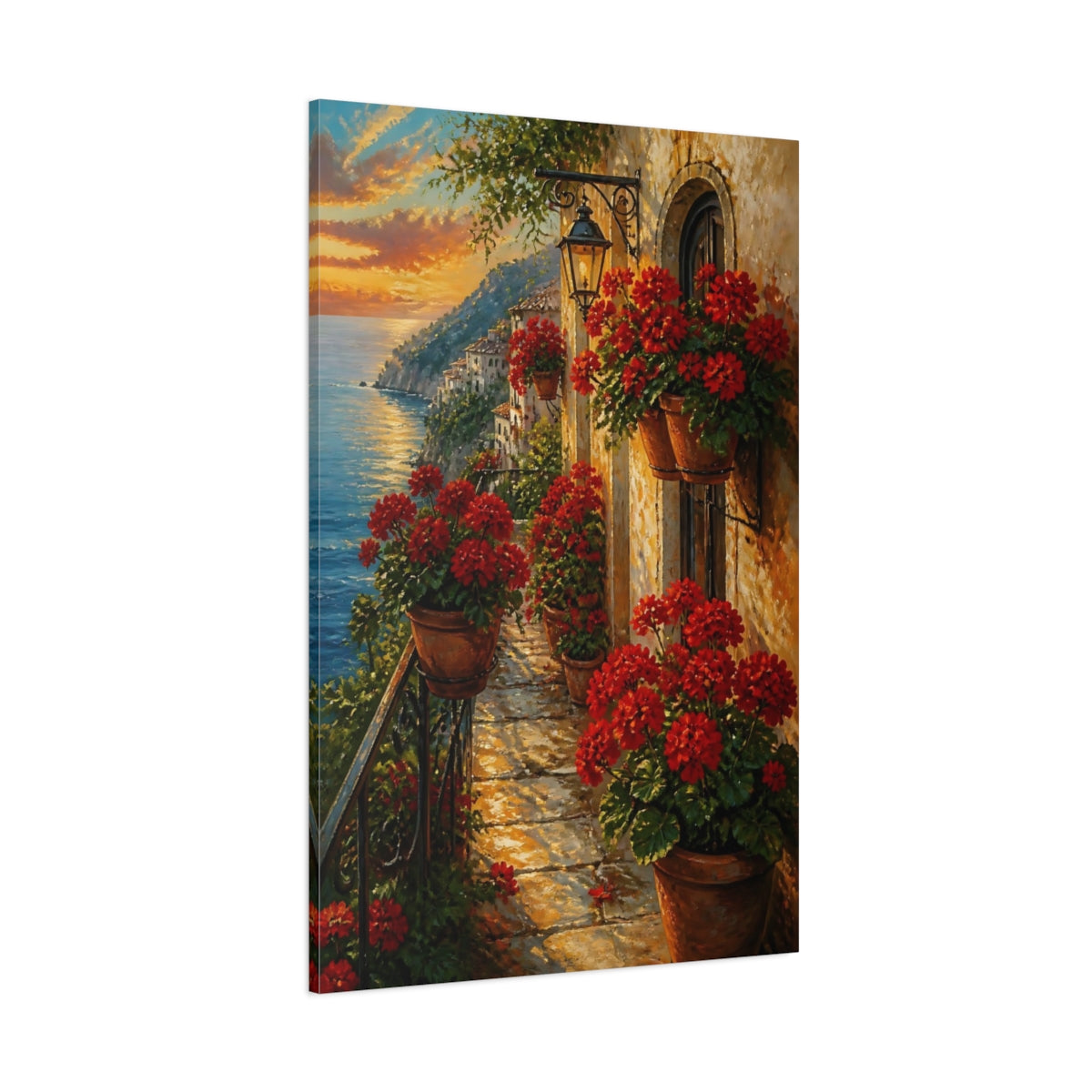 Side Mockup 1. Nature Coastal Balcony Mediterranean Sunset shown as canvas print