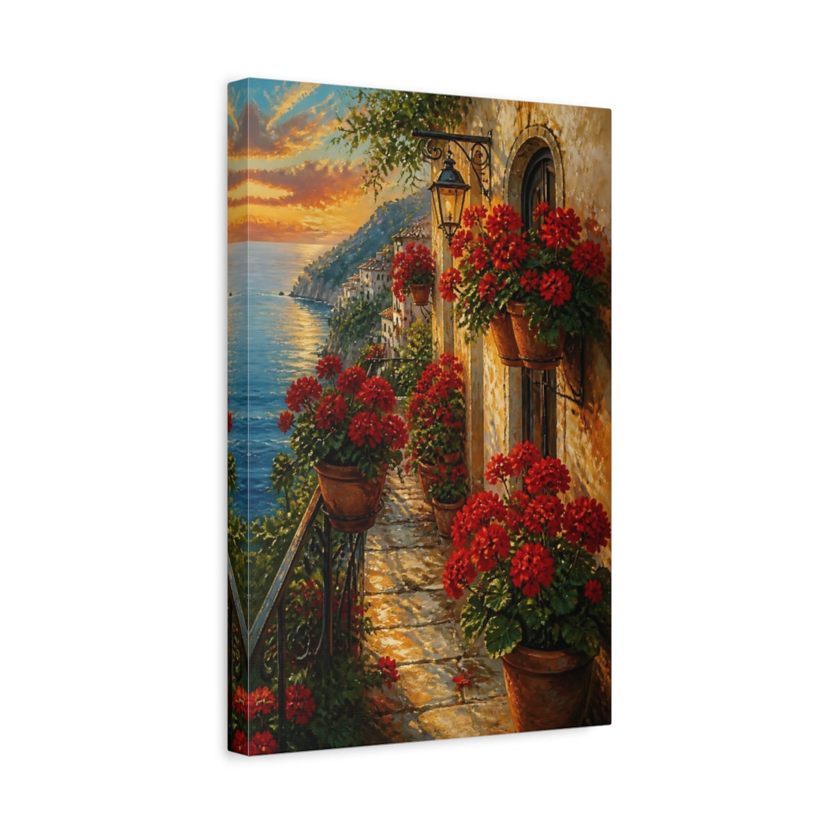 Side Mockup 4. Nature Coastal Balcony Mediterranean Sunset shown as canvas print
