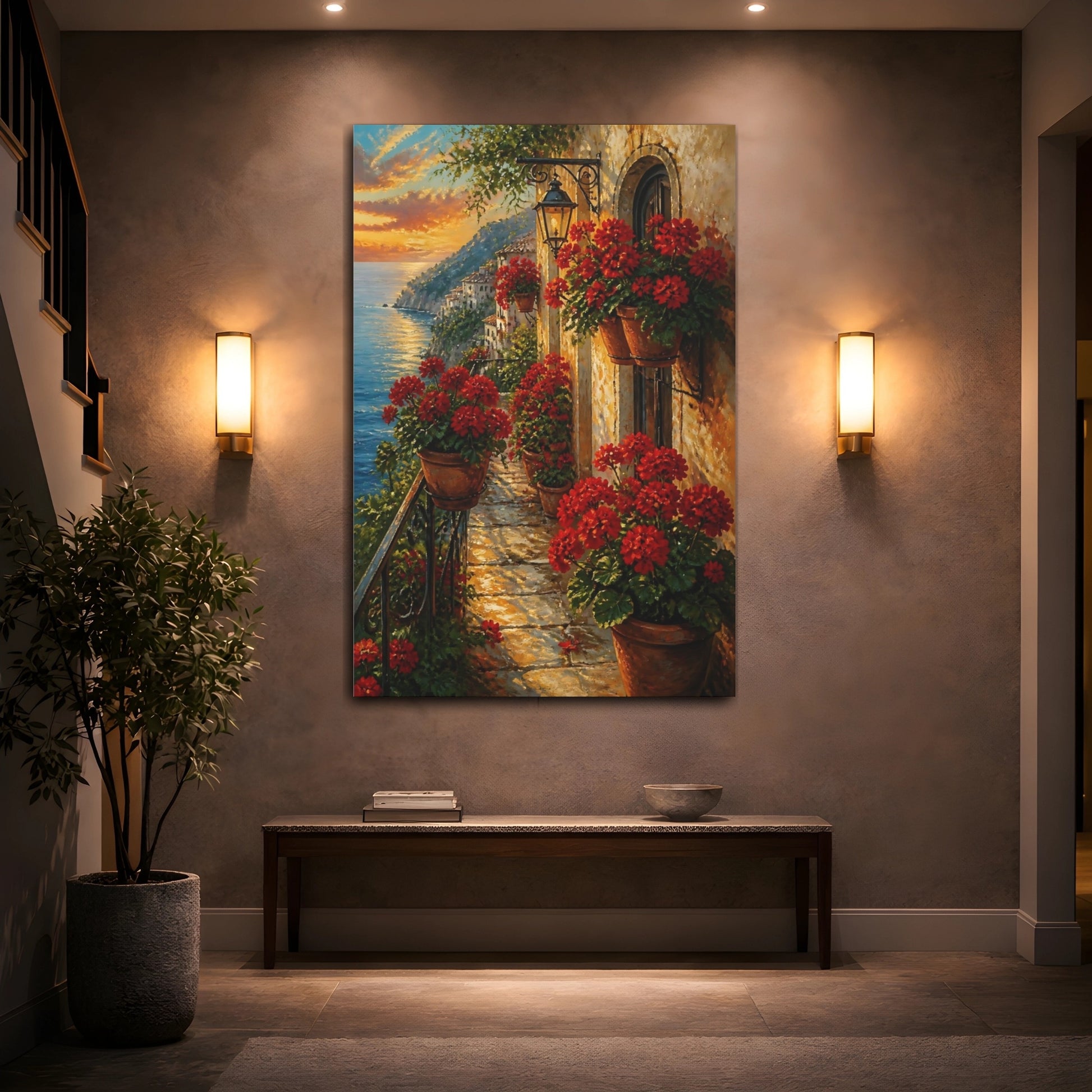 Mockup 2. Nature Coastal Balcony Mediterranean Sunset shown as canvas print