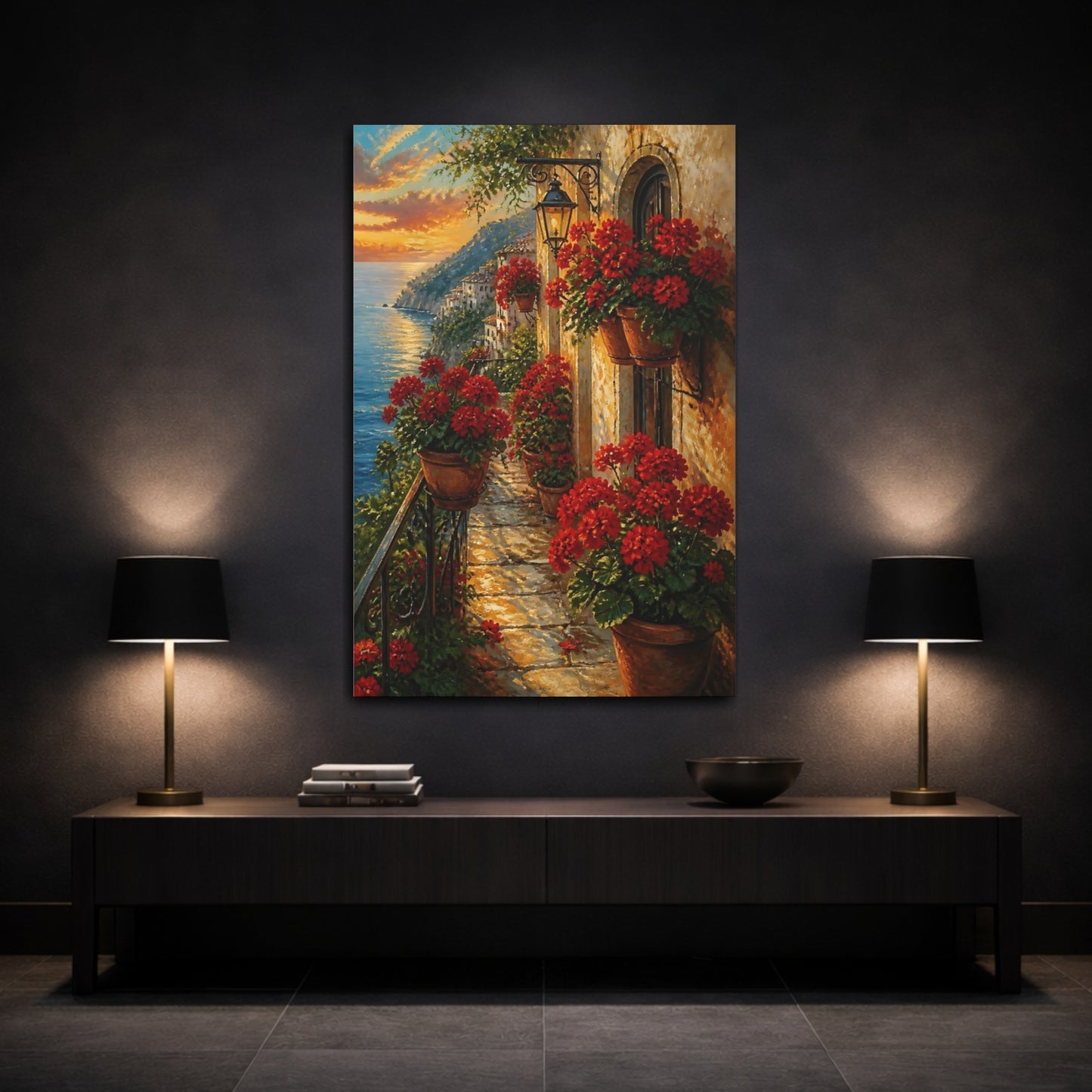 Mockup 3. Nature Coastal Balcony Mediterranean Sunset shown as canvas print