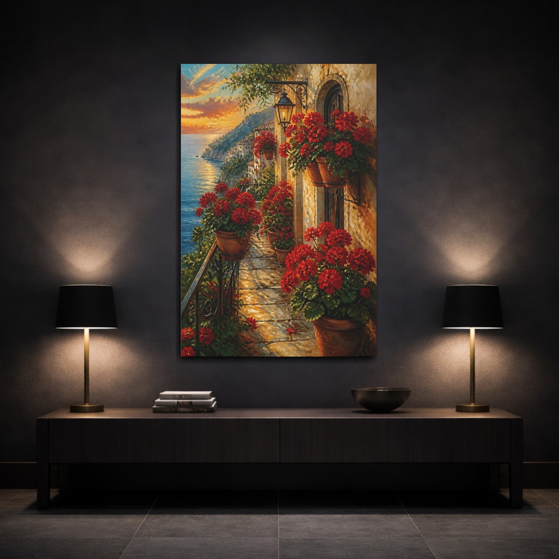 Mockup 3. Nature Coastal Balcony Mediterranean Sunset shown as canvas print