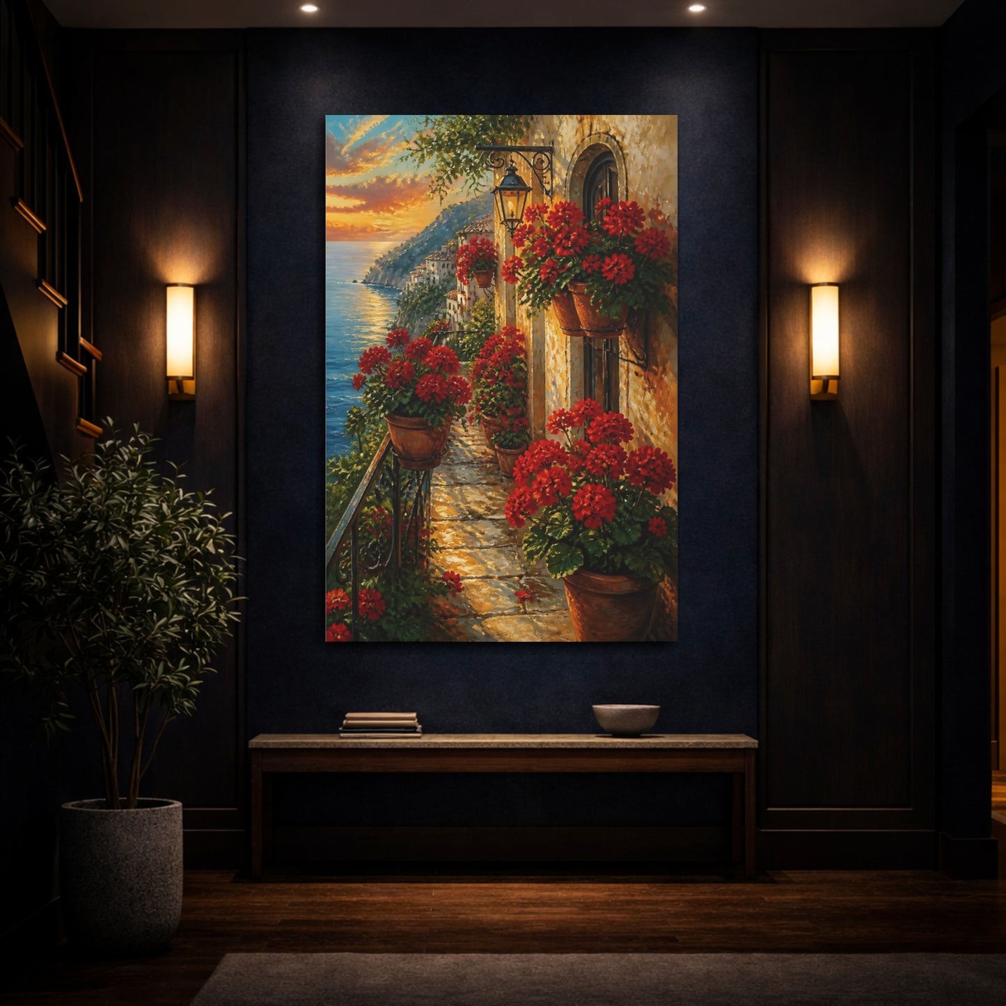 Mockup 4. Nature Coastal Balcony Mediterranean Sunset shown as canvas print