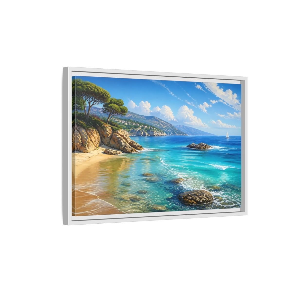 Nature Coastal Beach Blue Ocean Framed Canvas Print – realistic Decor for Living Room, Above Fireplace - YesArtYes