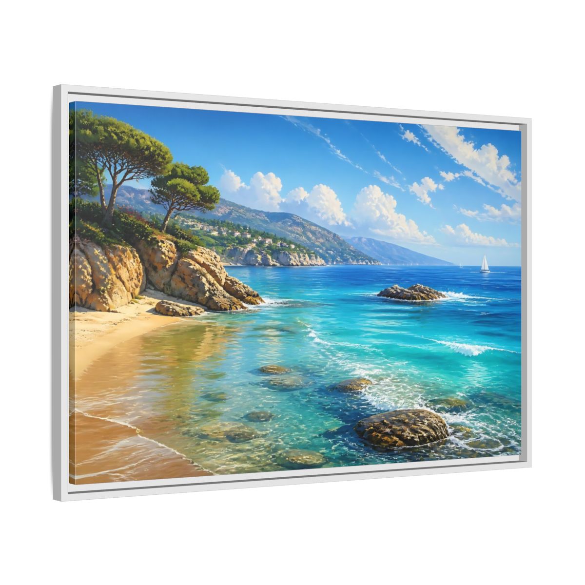 Nature Coastal Beach Blue Ocean Framed Canvas Print – realistic Decor for Living Room, Above Fireplace - YesArtYes