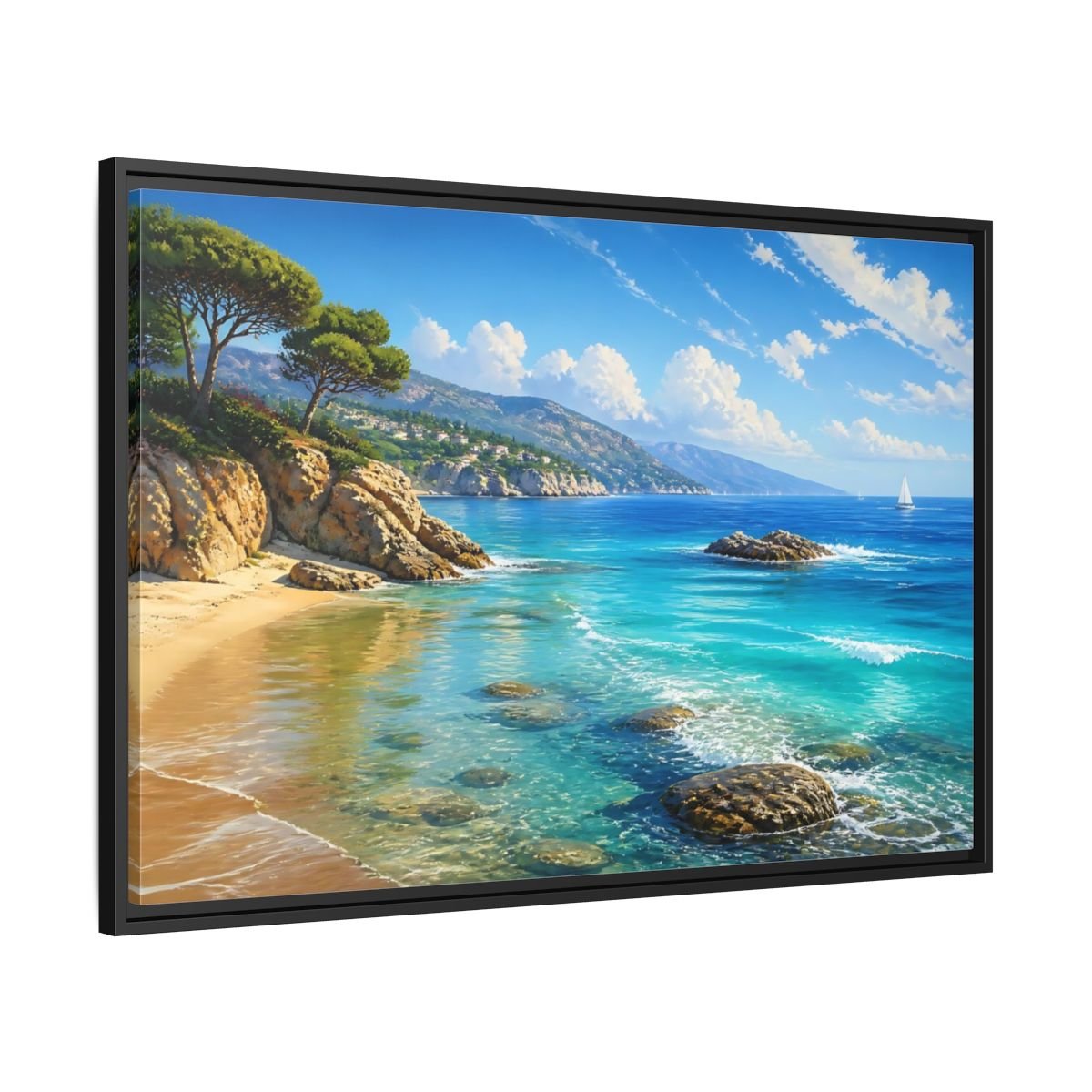 Nature Coastal Beach Blue Ocean Framed Canvas Print – realistic Decor for Living Room, Above Fireplace - YesArtYes