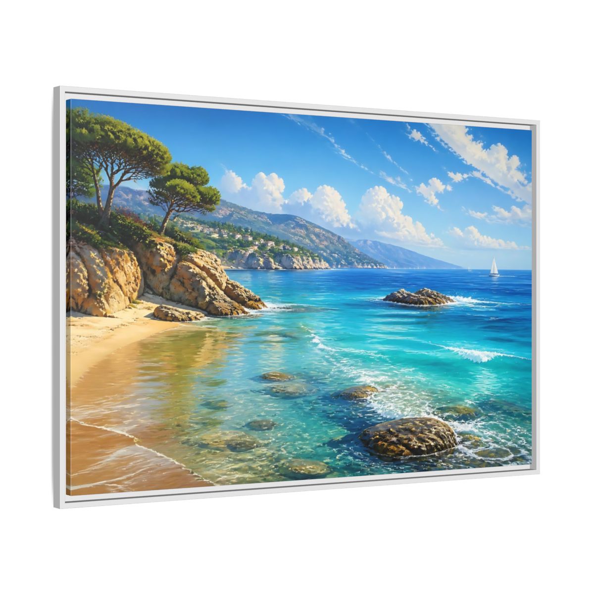 Nature Coastal Beach Blue Ocean Framed Canvas Print – realistic Decor for Living Room, Above Fireplace - YesArtYes