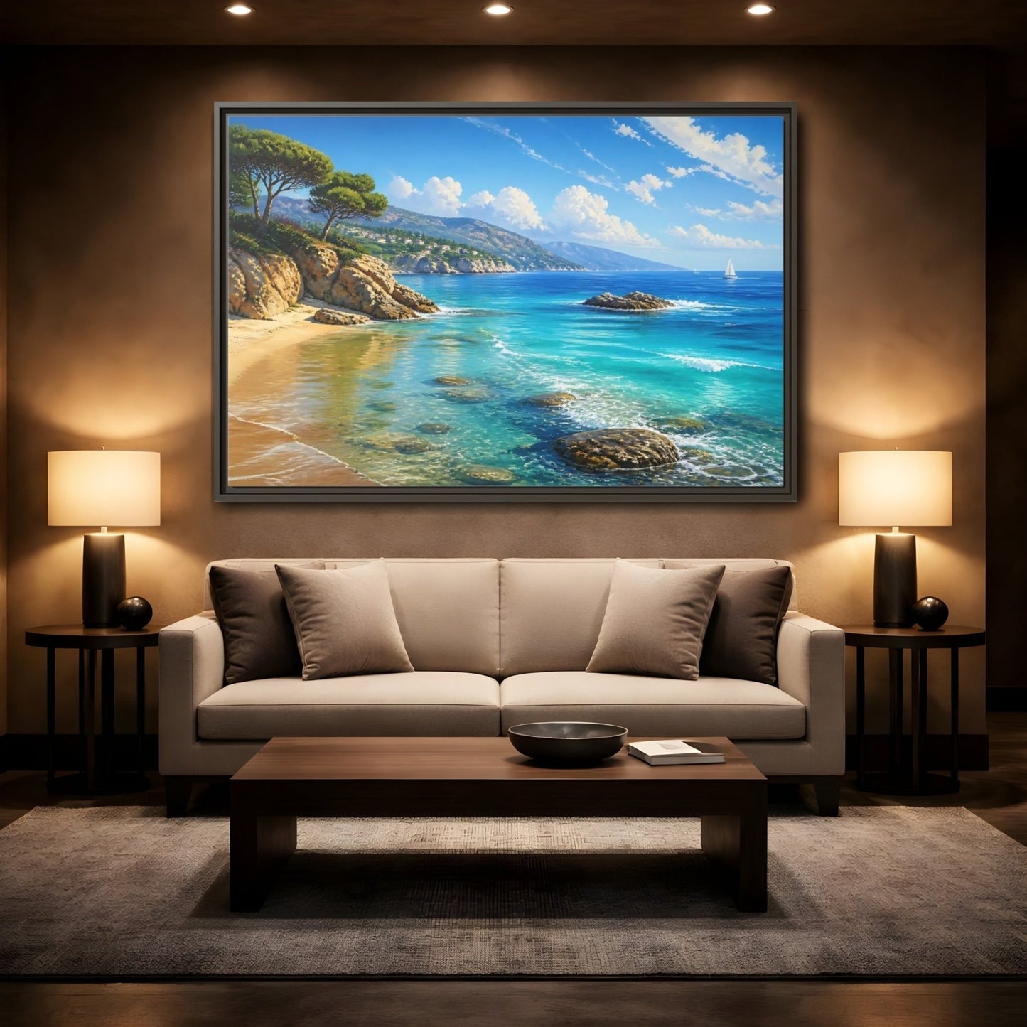Nature Coastal Beach Blue Ocean Framed Canvas Print – realistic Decor for Living Room, Above Fireplace - YesArtYes
