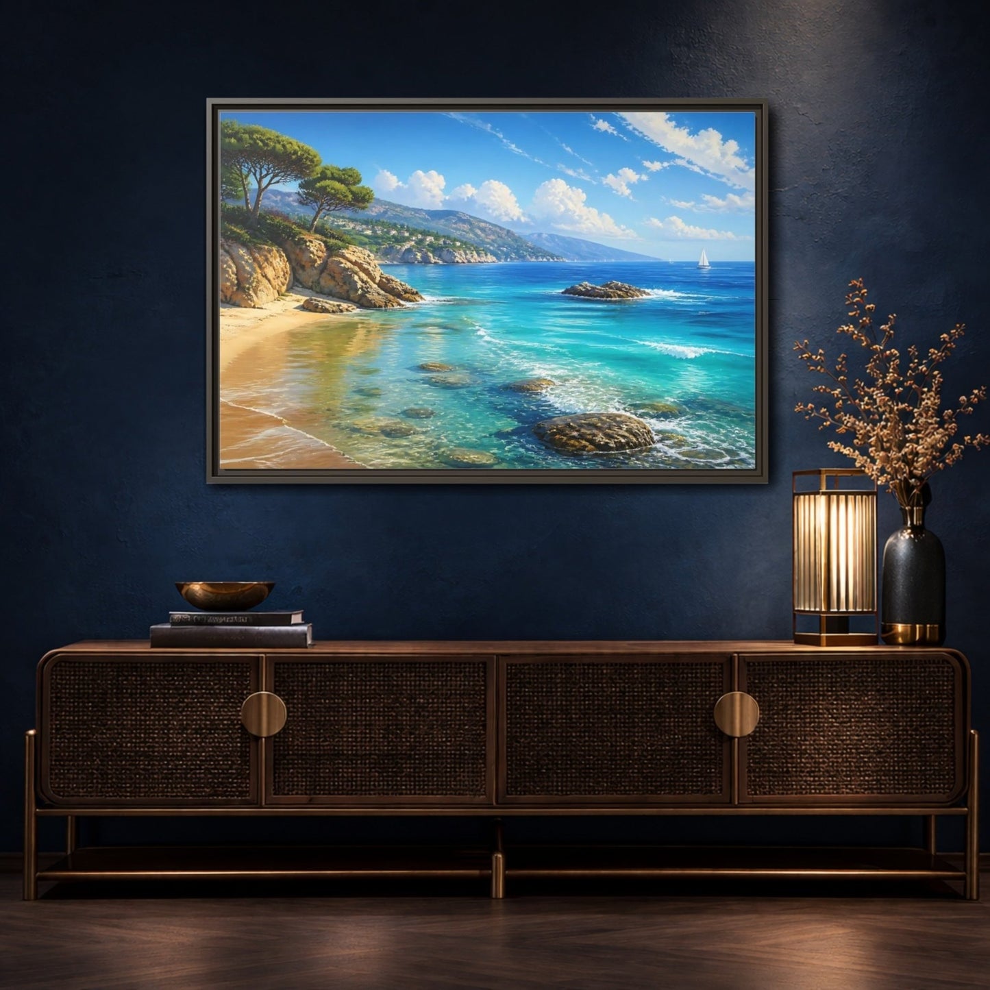 Nature Coastal Beach Blue Ocean Framed Canvas Print – realistic Decor for Living Room, Above Fireplace - YesArtYes