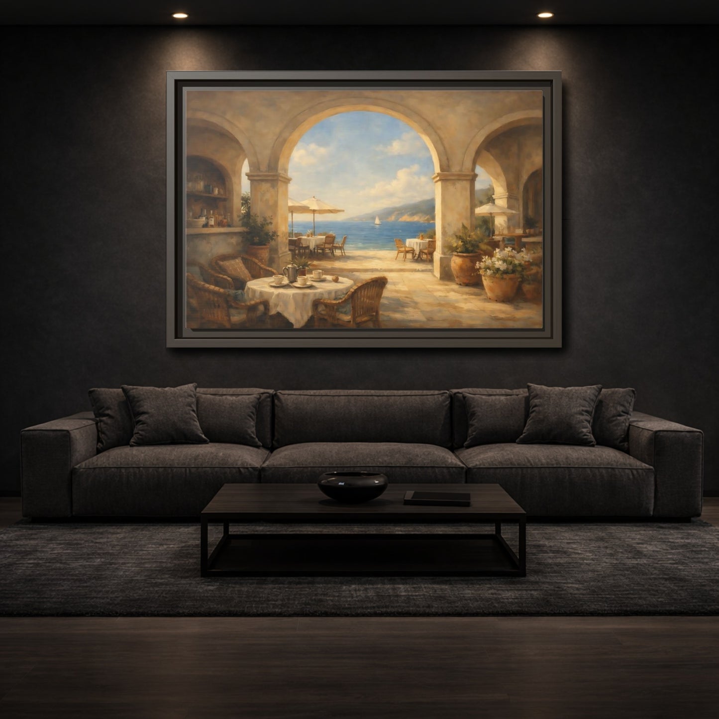 Mockup 2. Nature Coastal Cafe Mediterranean Cafe shown as stretched canvas wall art