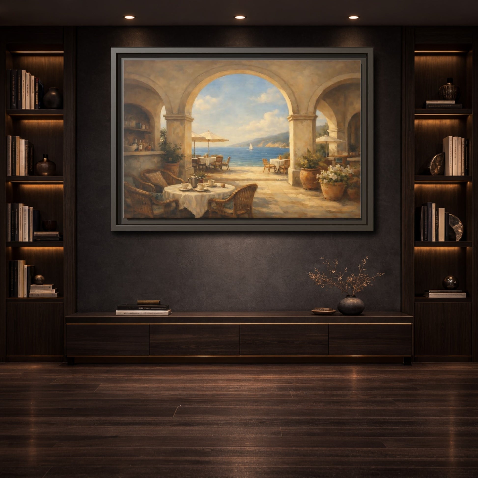 Mockup 3. Nature Coastal Cafe Mediterranean Cafe shown as stretched canvas wall art