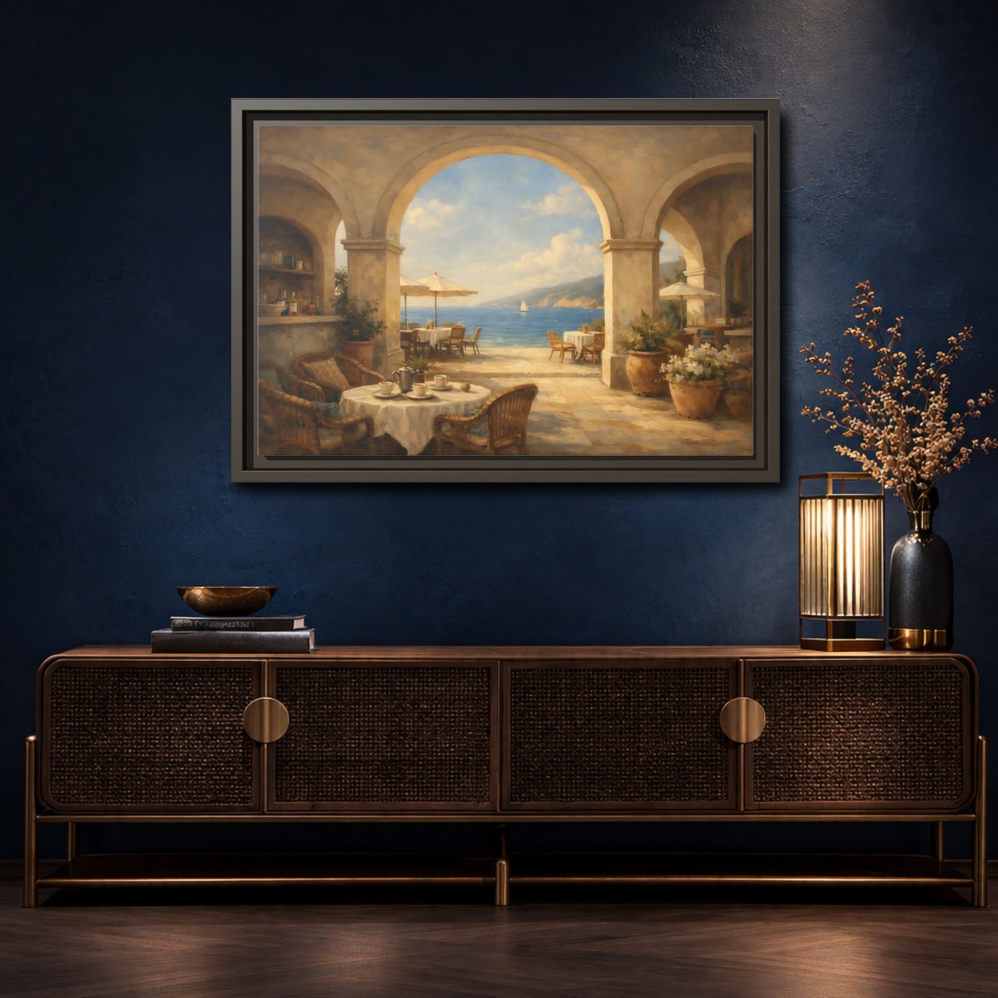 Mockup 4. Nature Coastal Cafe Mediterranean Cafe shown as stretched canvas wall art