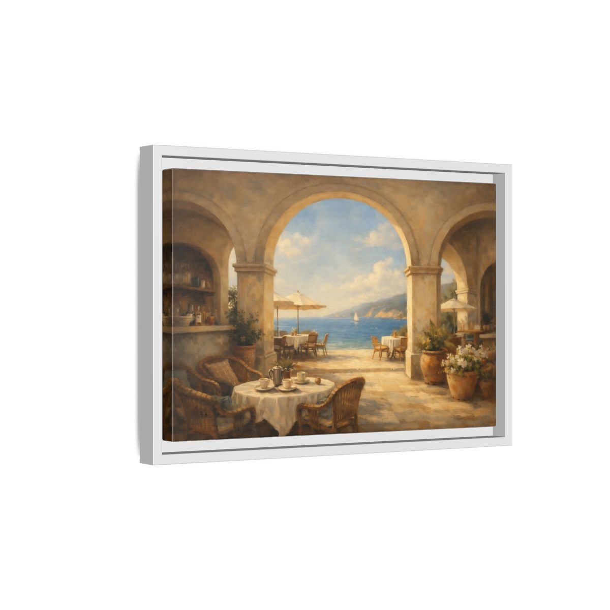 Side Mockup 4. Nature Coastal Cafe Mediterranean Cafe shown as stretched canvas wall art