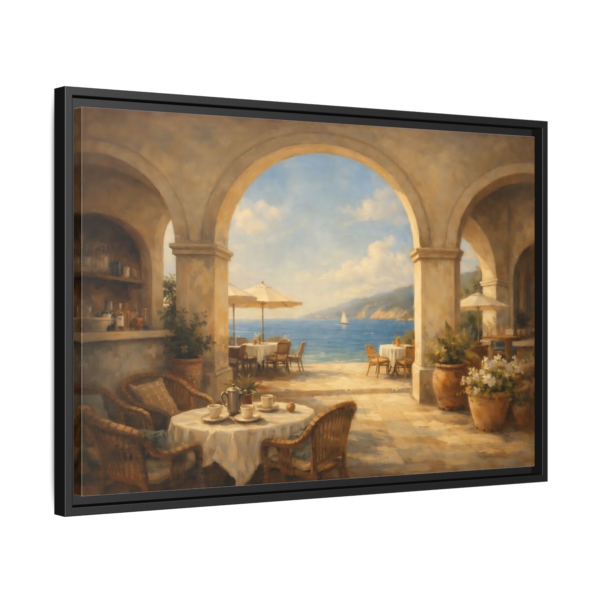Side Mockup 14. Nature Coastal Cafe Mediterranean Cafe shown as stretched canvas wall art