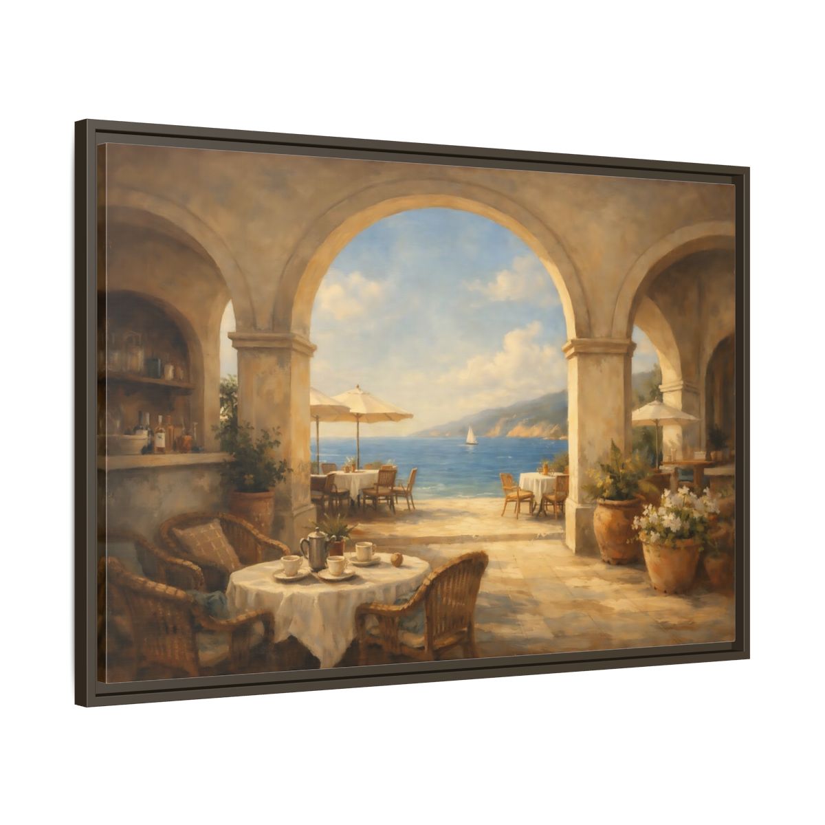 Side Mockup 9. Nature Coastal Cafe Mediterranean Cafe shown as stretched canvas wall art