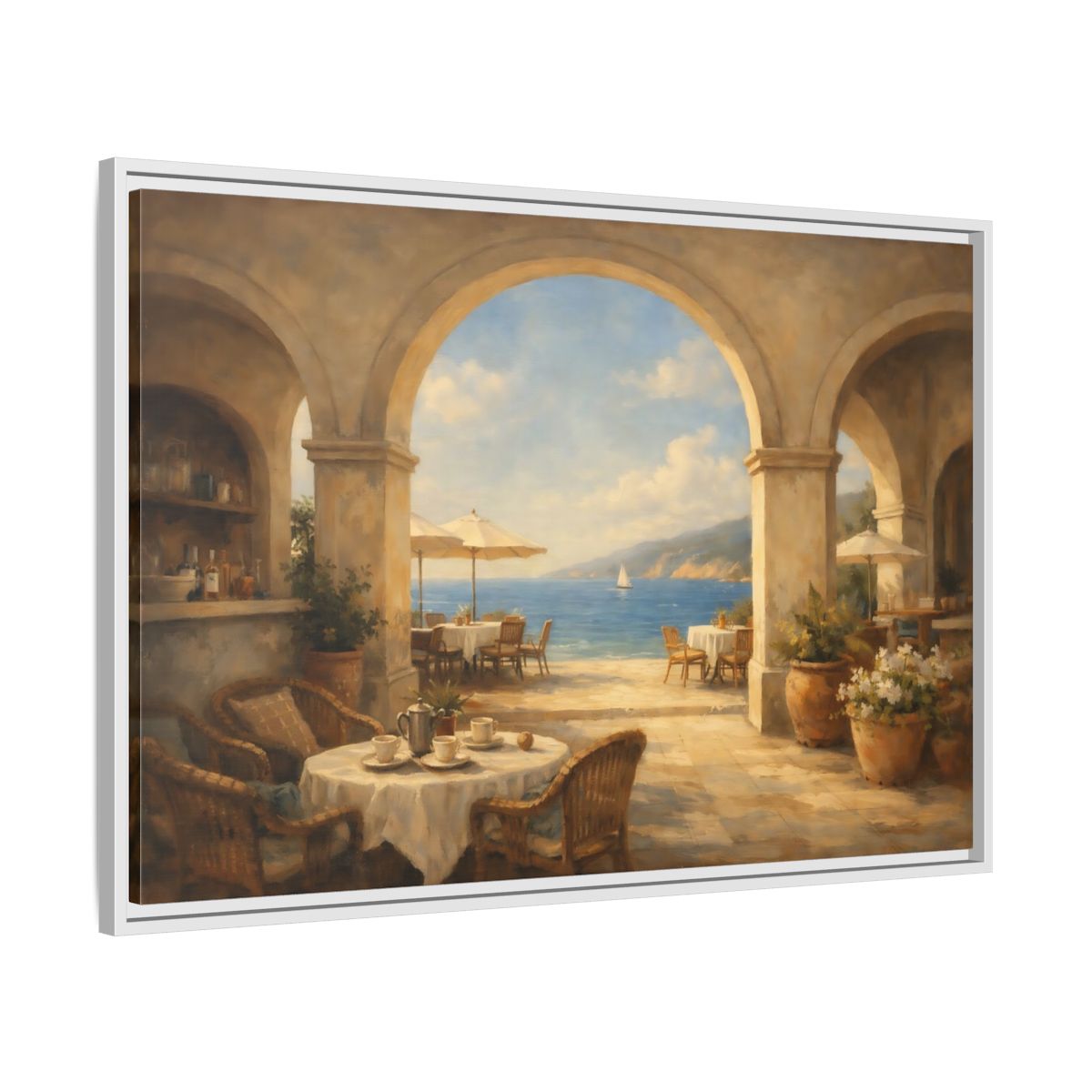 Side Mockup 8. Nature Coastal Cafe Mediterranean Cafe shown as stretched canvas wall art