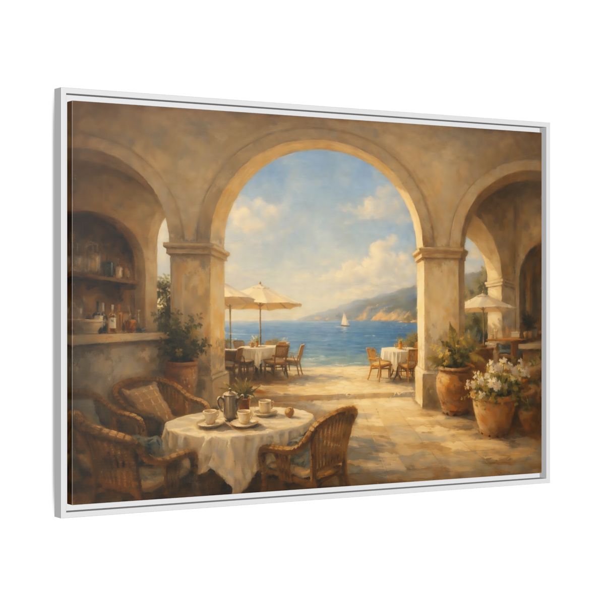 Side Mockup 7. Nature Coastal Cafe Mediterranean Cafe shown as stretched canvas wall art