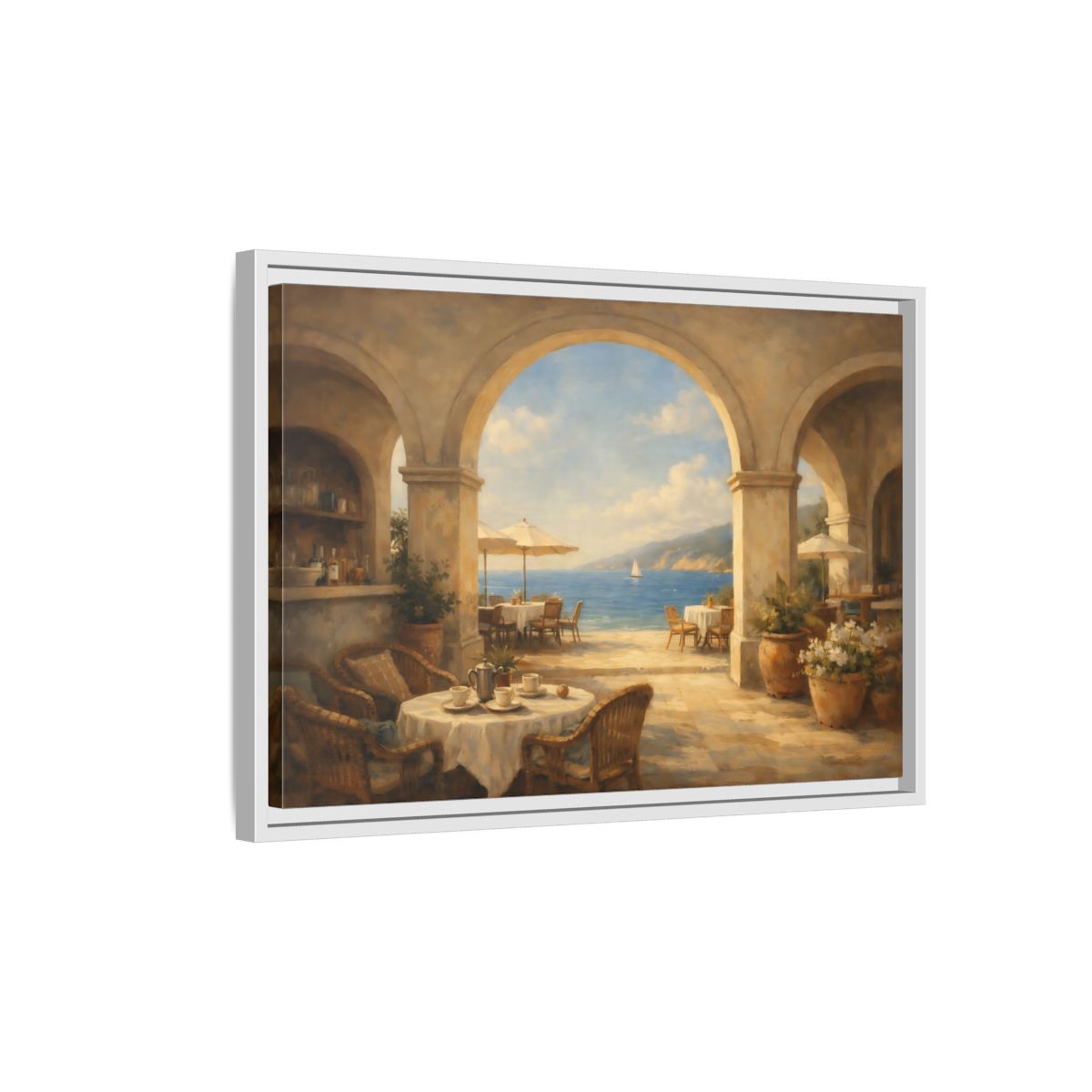 Side Mockup 1. Nature Coastal Cafe Mediterranean Cafe shown as stretched canvas wall art
