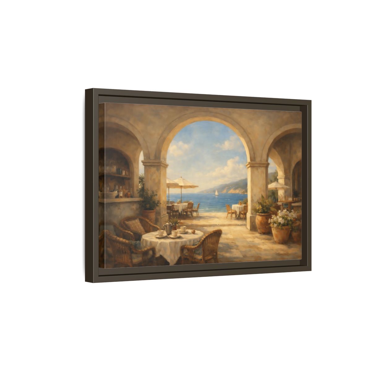Side Mockup 5. Nature Coastal Cafe Mediterranean Cafe shown as stretched canvas wall art