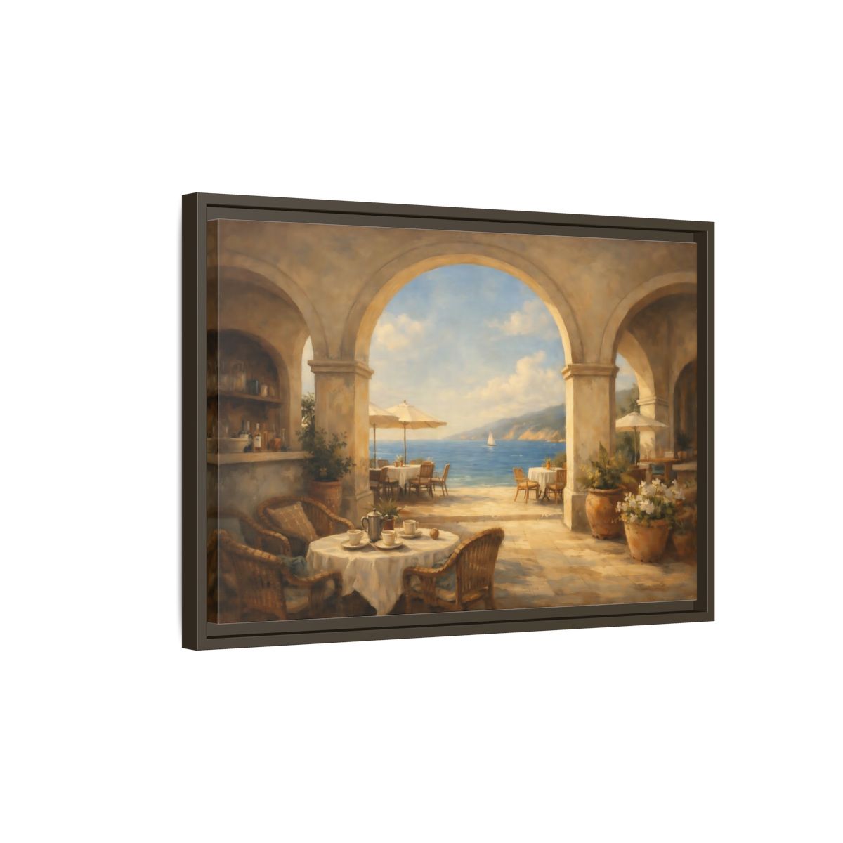 Side Mockup 2. Nature Coastal Cafe Mediterranean Cafe shown as stretched canvas wall art