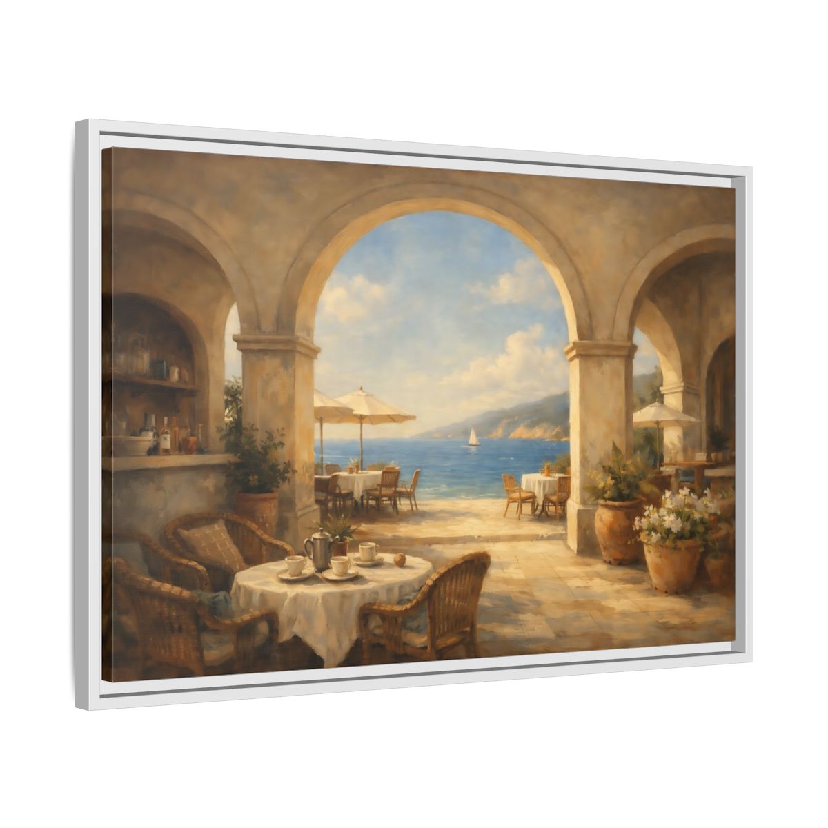 Side Mockup 10. Nature Coastal Cafe Mediterranean Cafe shown as stretched canvas wall art