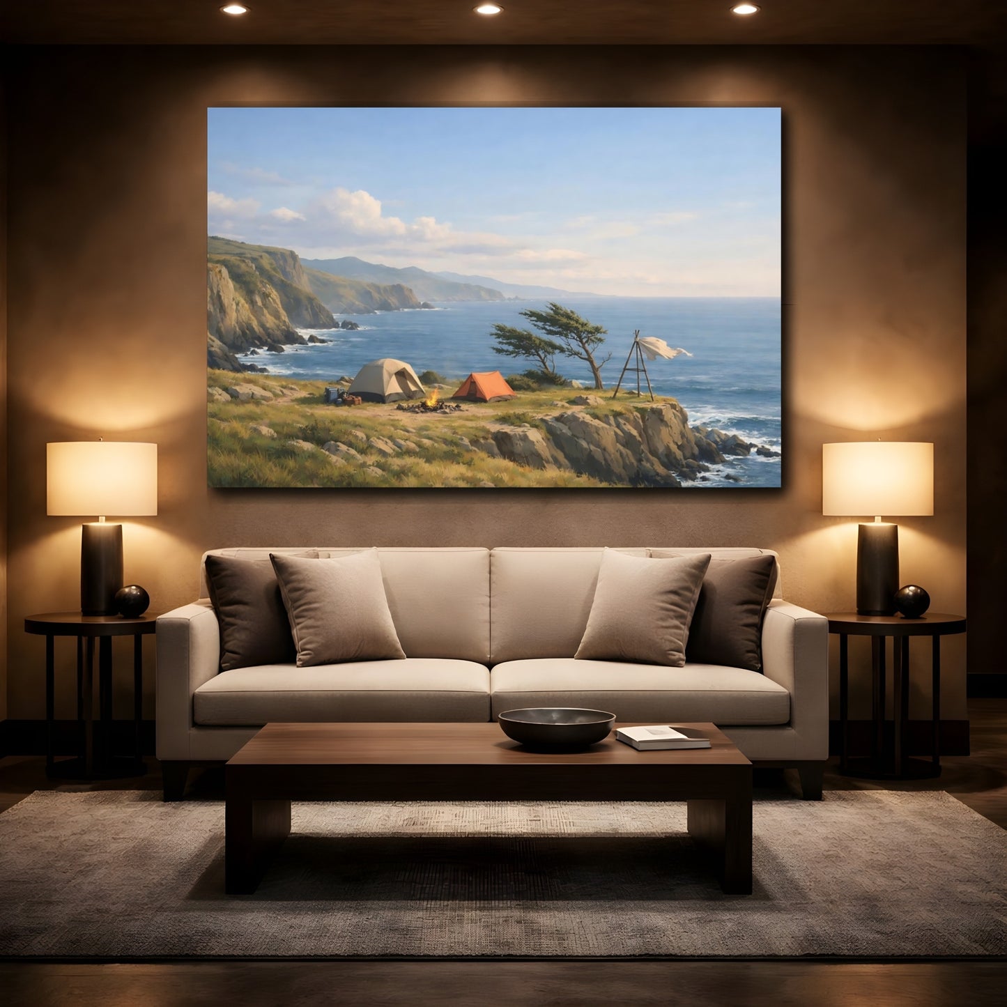 Mockup 2. Nature Coastal Camping Coastal Camping Scene shown as stretched canvas wall art