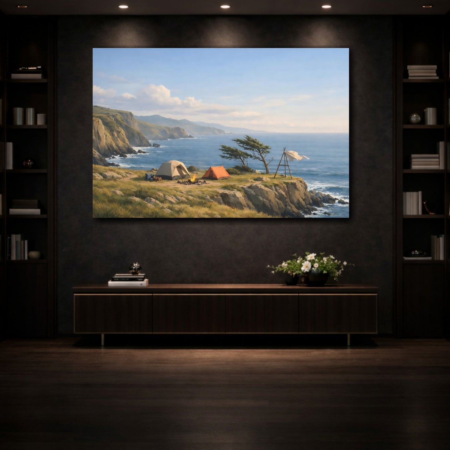 Mockup 3. Nature Coastal Camping Coastal Camping Scene shown as stretched canvas wall art