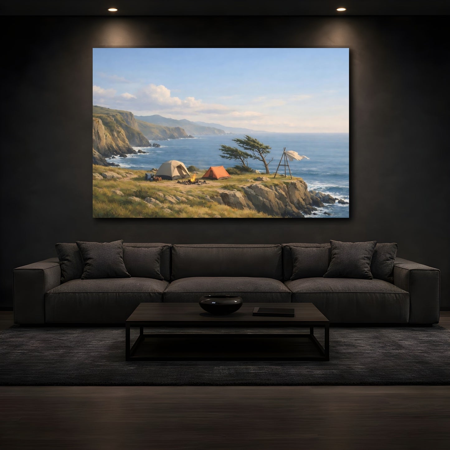 Mockup 4. Nature Coastal Camping Coastal Camping Scene shown as stretched canvas wall art