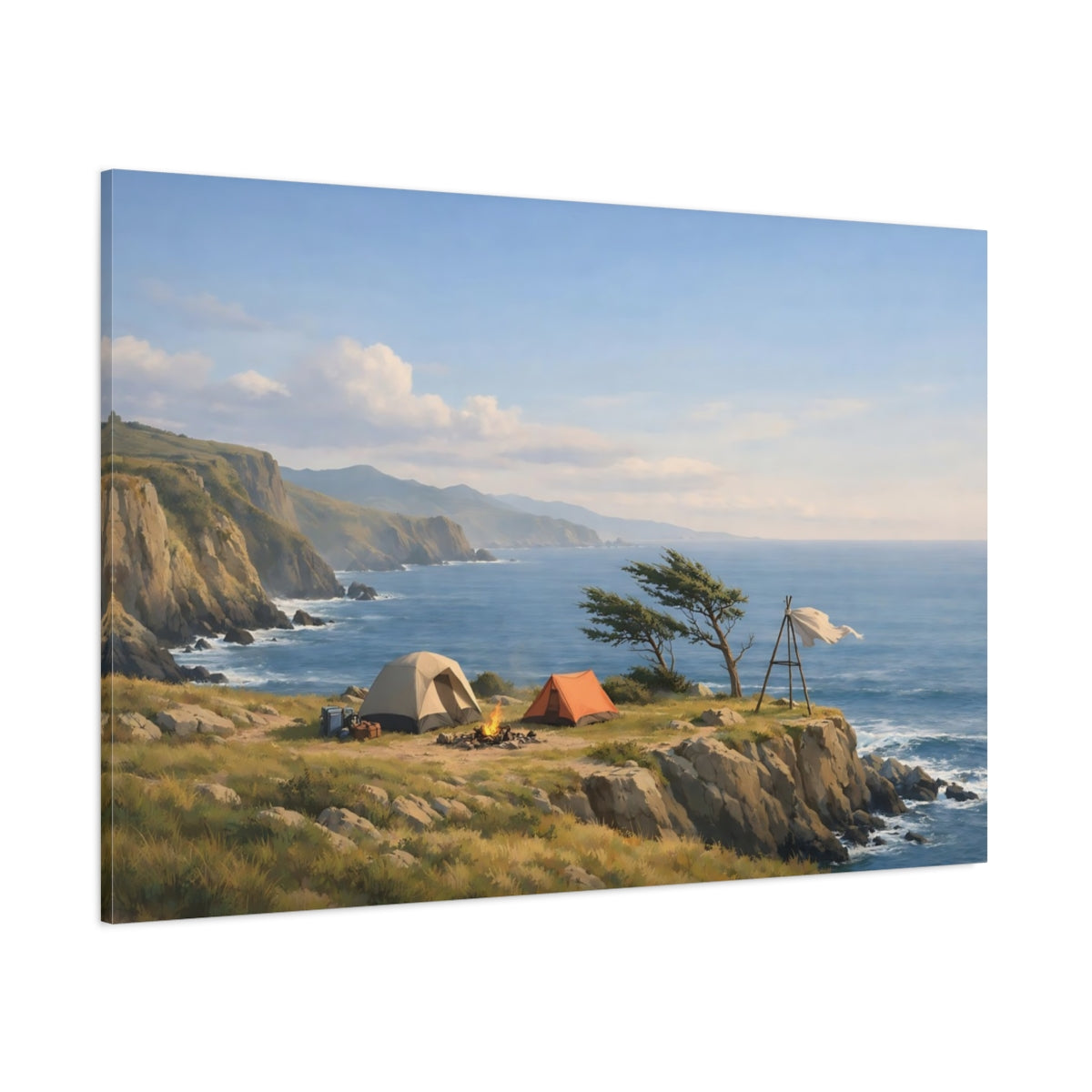 Side Mockup 1. Nature Coastal Camping Coastal Camping Scene shown as stretched canvas wall art