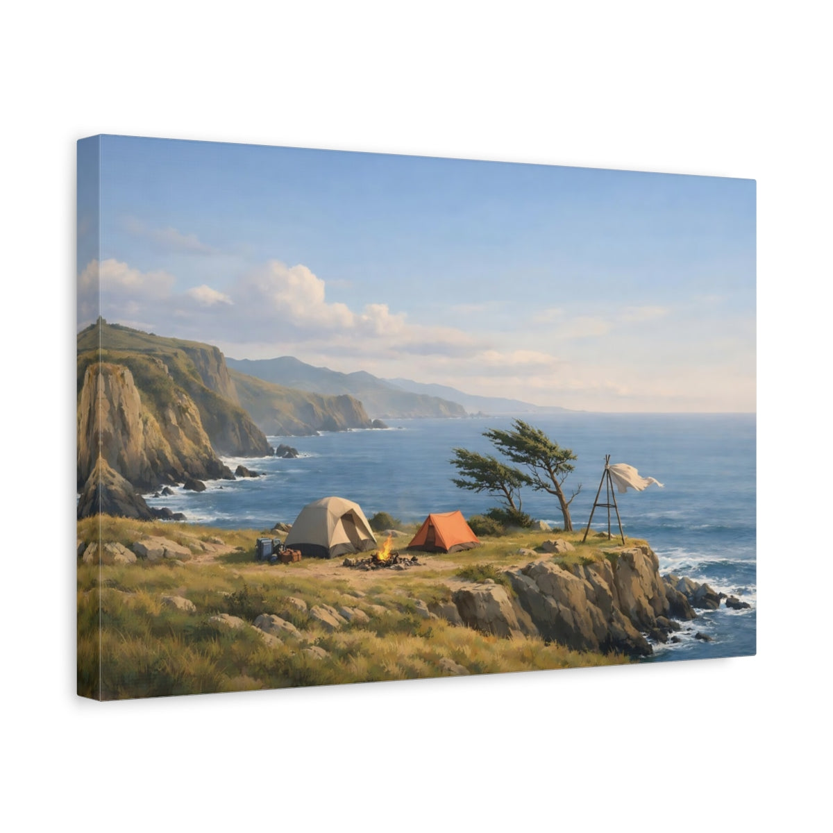 Side Mockup 4. Nature Coastal Camping Coastal Camping Scene shown as stretched canvas wall art