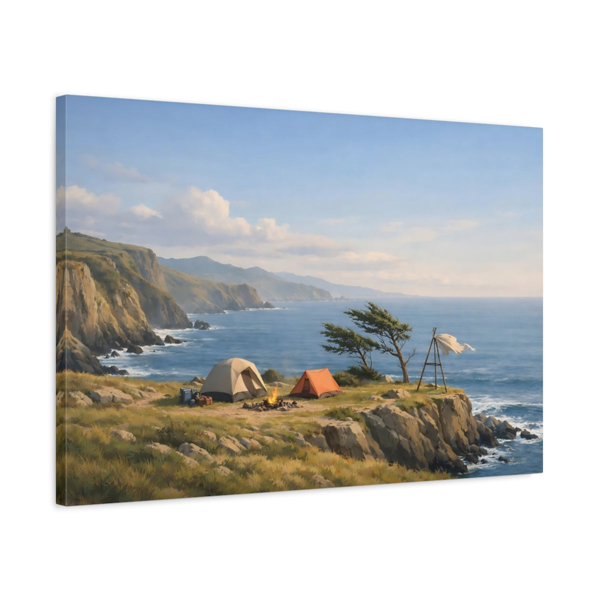 Side Mockup 2. Nature Coastal Camping Coastal Camping Scene shown as stretched canvas wall art