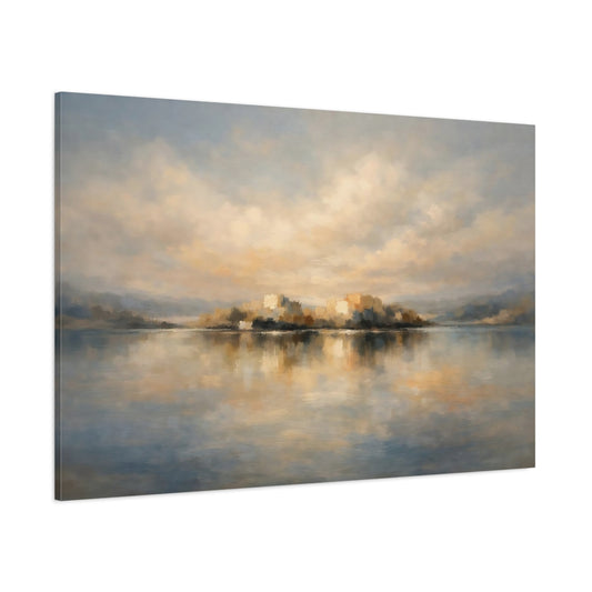 Main Mockup. Nature Coastal City Blue And Beige Landscape shown as stretched canvas wall art
