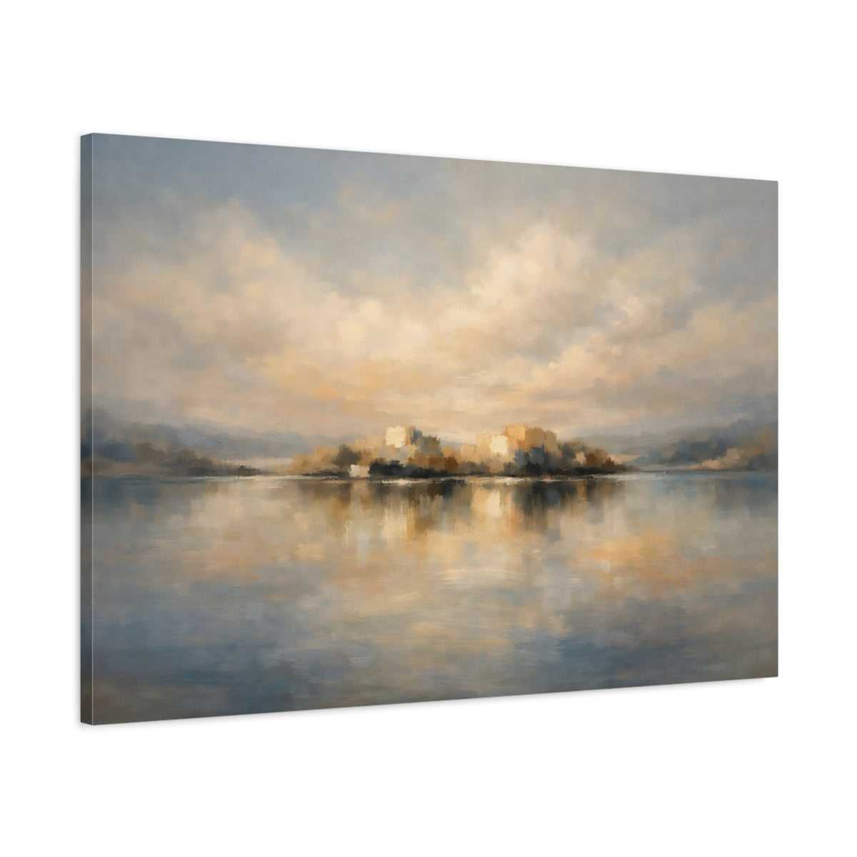 Side Mockup 1. Nature Coastal City Blue And Beige Landscape shown as stretched canvas wall art