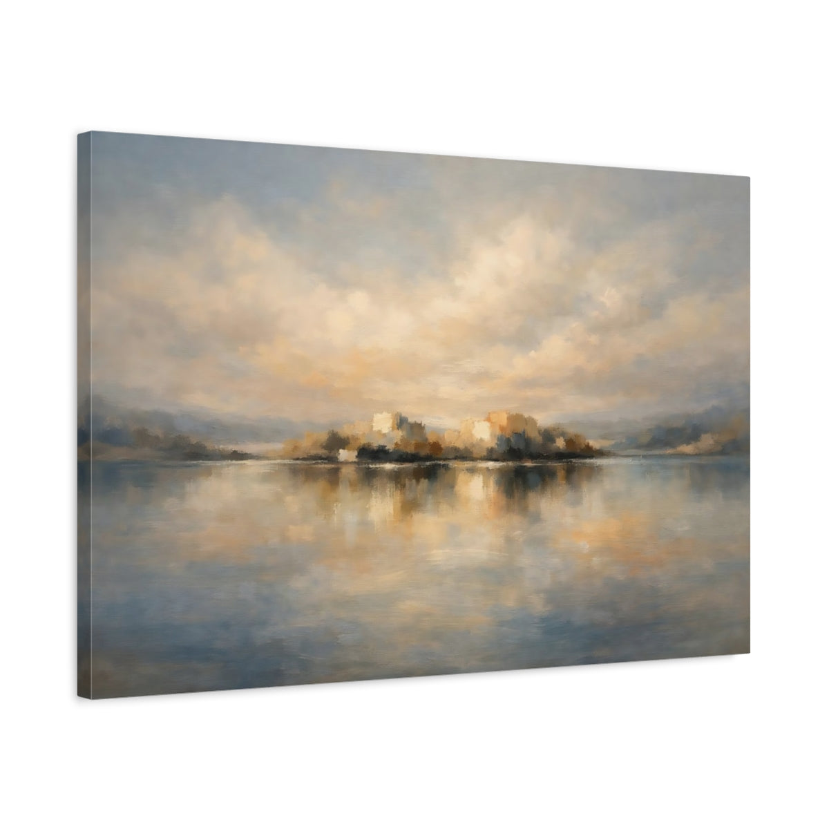 Side Mockup 2. Nature Coastal City Blue And Beige Landscape shown as stretched canvas wall art