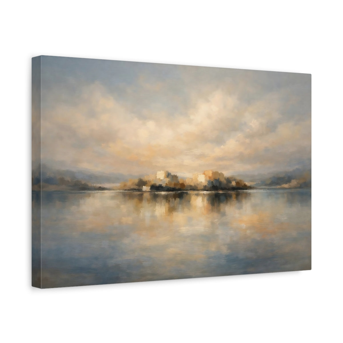Side Mockup 4. Nature Coastal City Blue And Beige Landscape shown as stretched canvas wall art