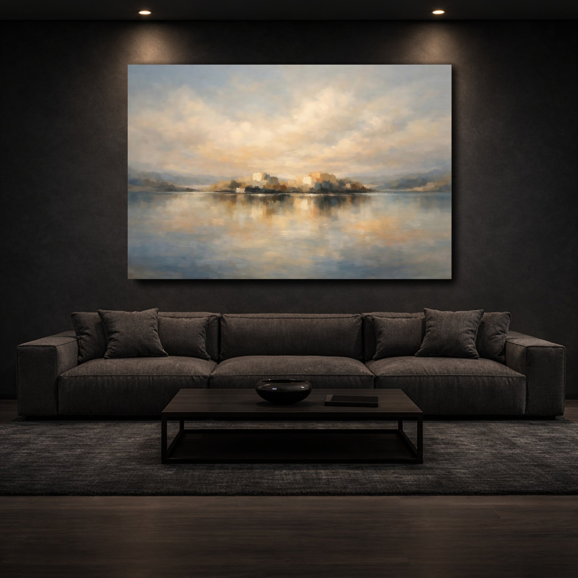 Mockup 2. Nature Coastal City Blue And Beige Landscape shown as stretched canvas wall art
