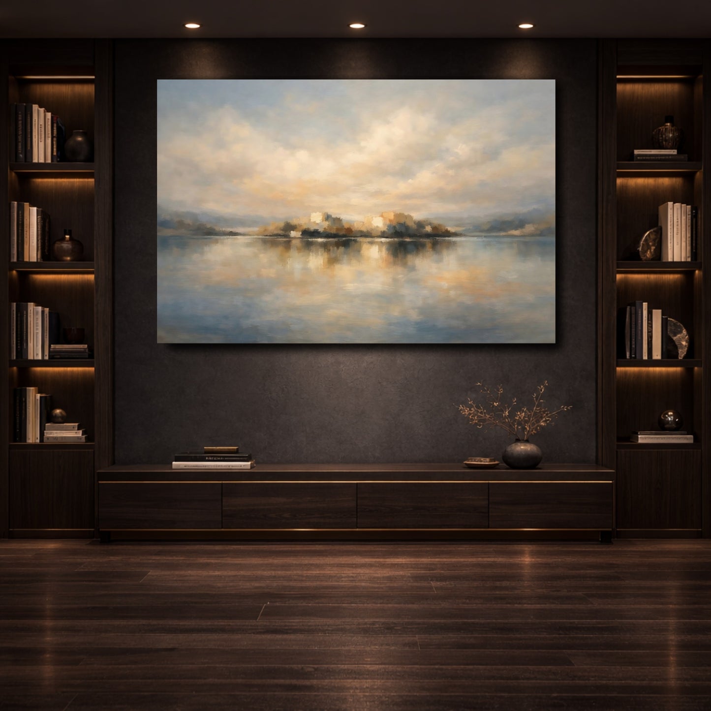Mockup 3. Nature Coastal City Blue And Beige Landscape shown as stretched canvas wall art
