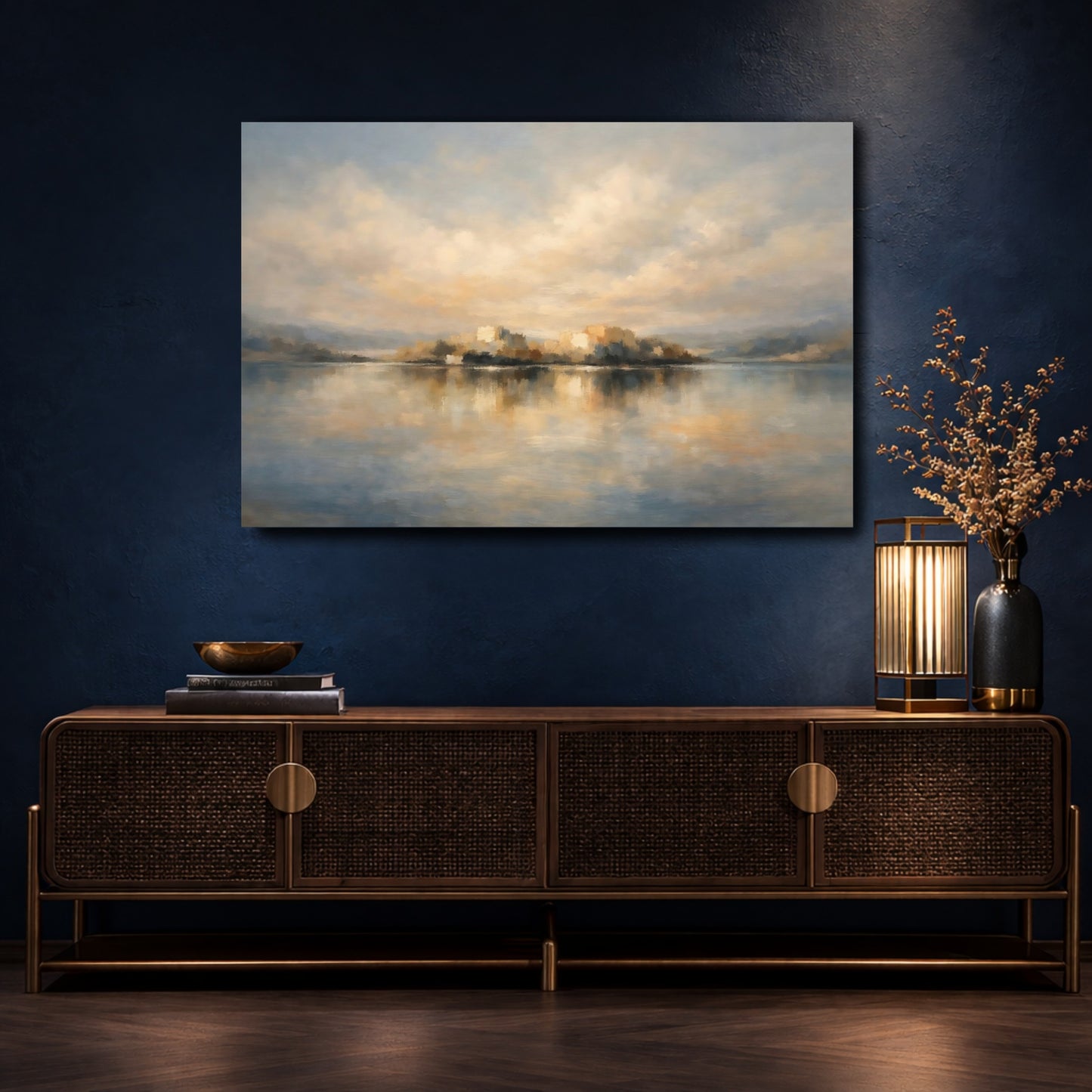 Mockup 4. Nature Coastal City Blue And Beige Landscape shown as stretched canvas wall art