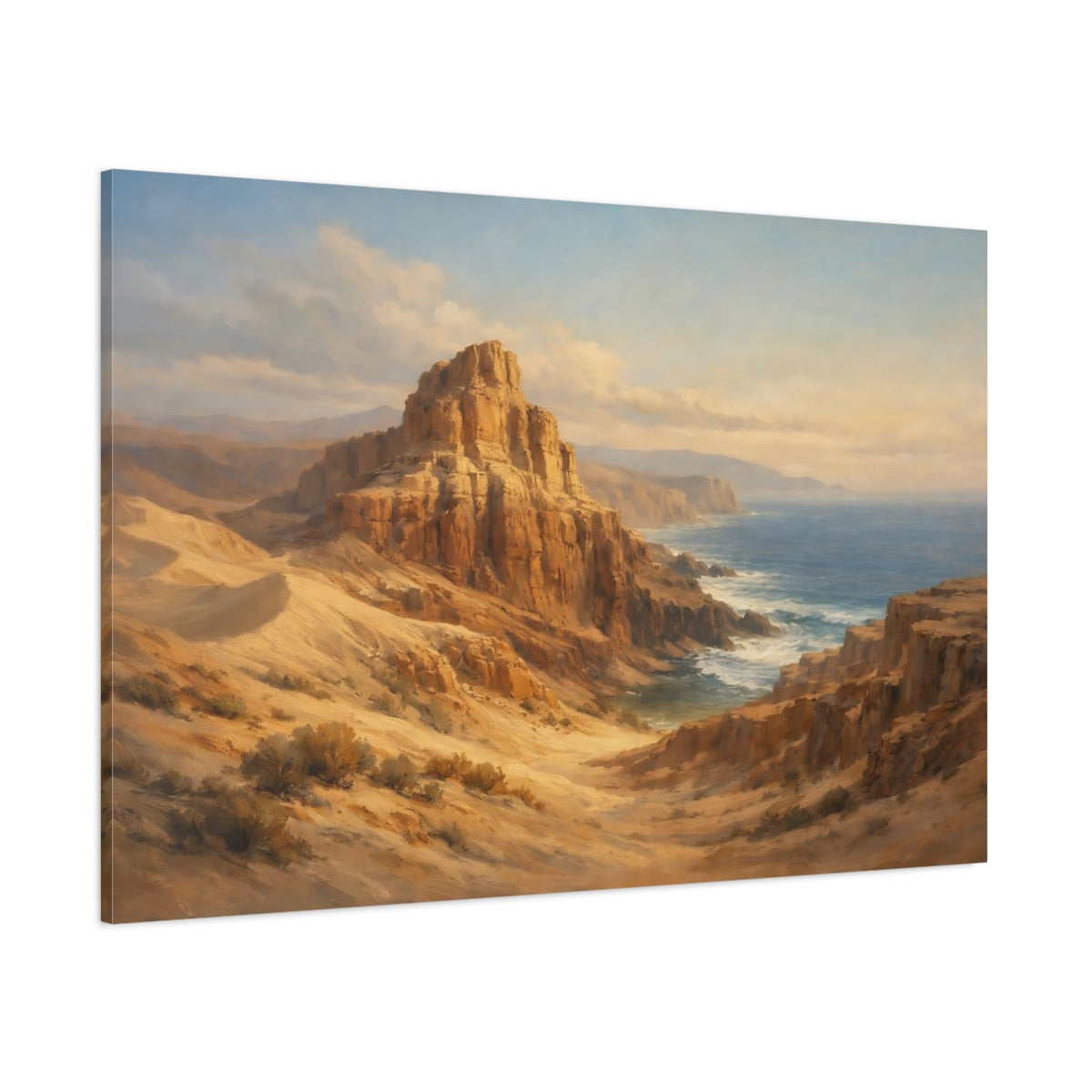 Main Mockup. Nature Coastal Cliffs Brown And Blue Landscape shown as stretched canvas wall art