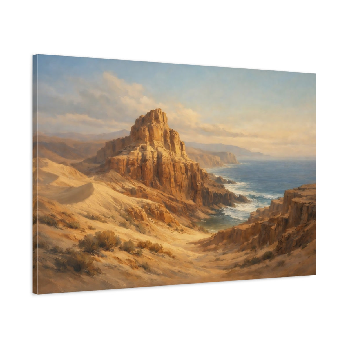 Side Mockup 1. Nature Coastal Cliffs Brown And Blue Landscape shown as stretched canvas wall art