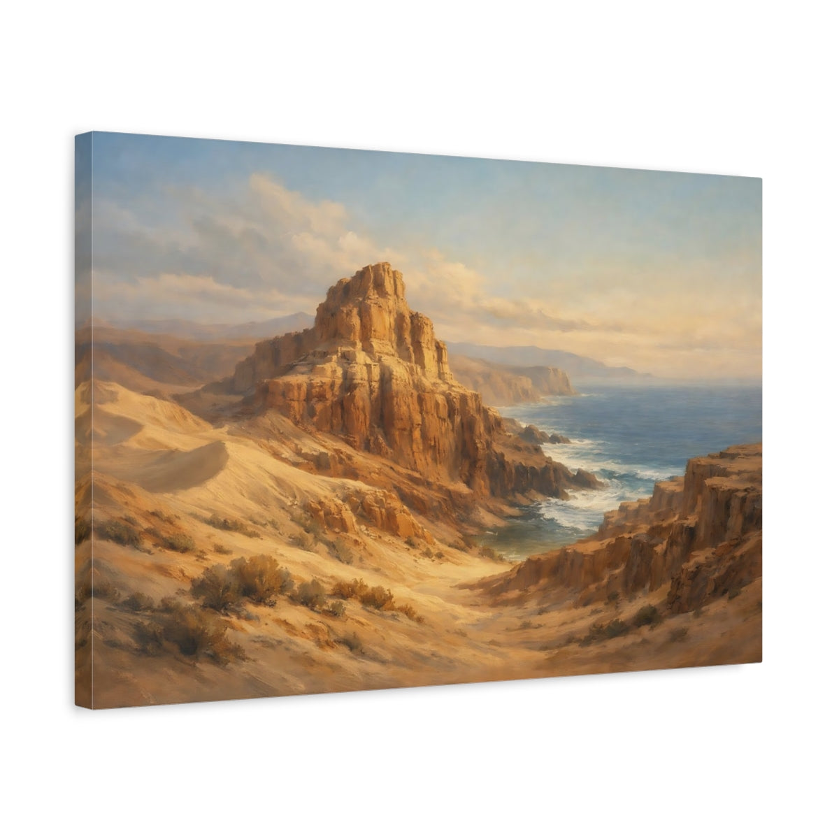 Side Mockup 3. Nature Coastal Cliffs Brown And Blue Landscape shown as stretched canvas wall art