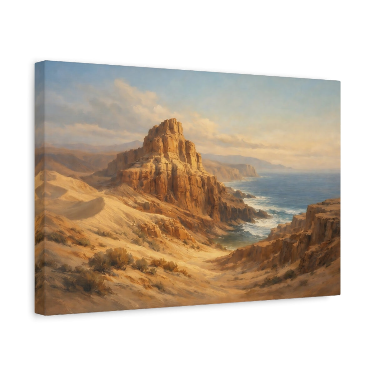 Side Mockup 4. Nature Coastal Cliffs Brown And Blue Landscape shown as stretched canvas wall art