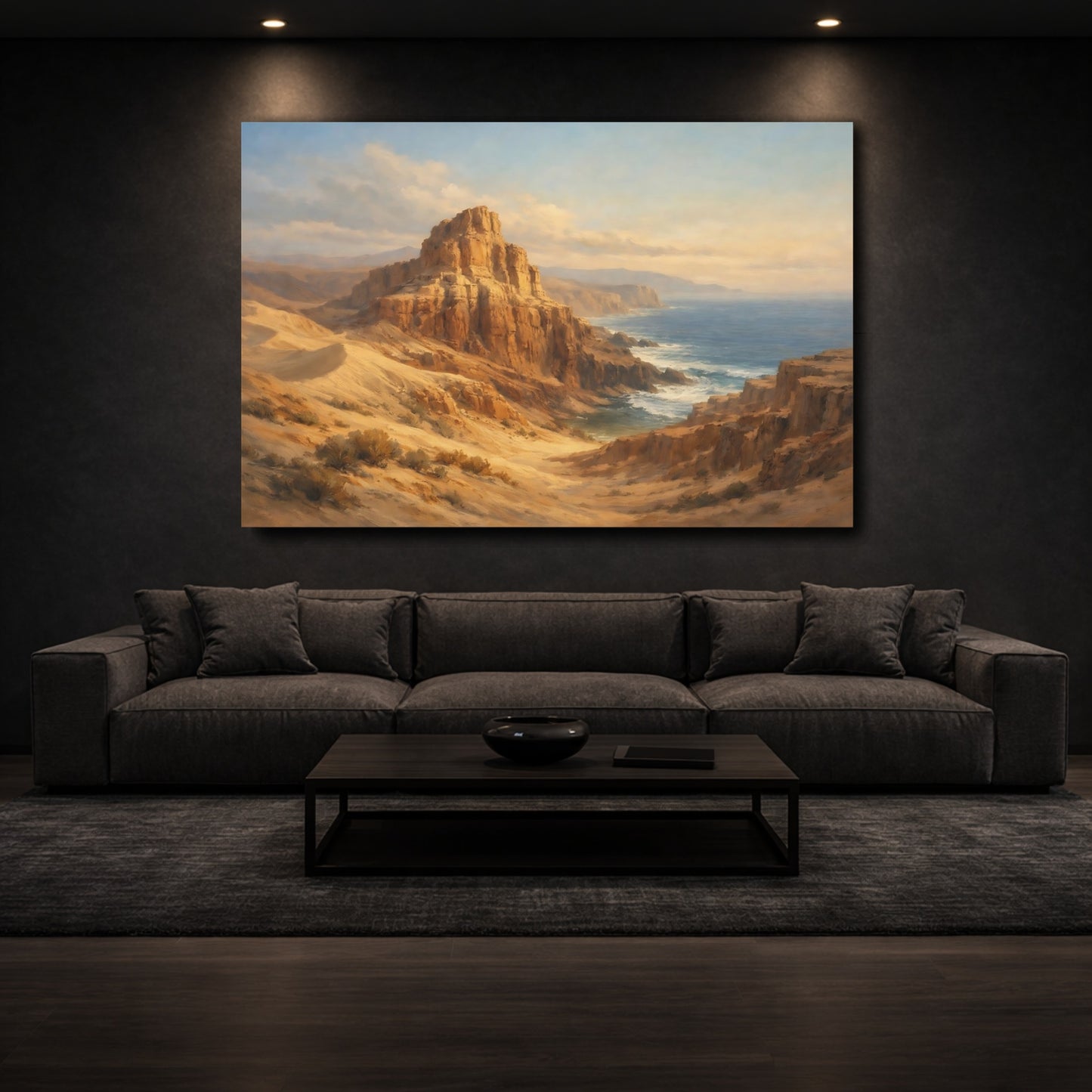 Mockup 2. Nature Coastal Cliffs Brown And Blue Landscape shown as stretched canvas wall art