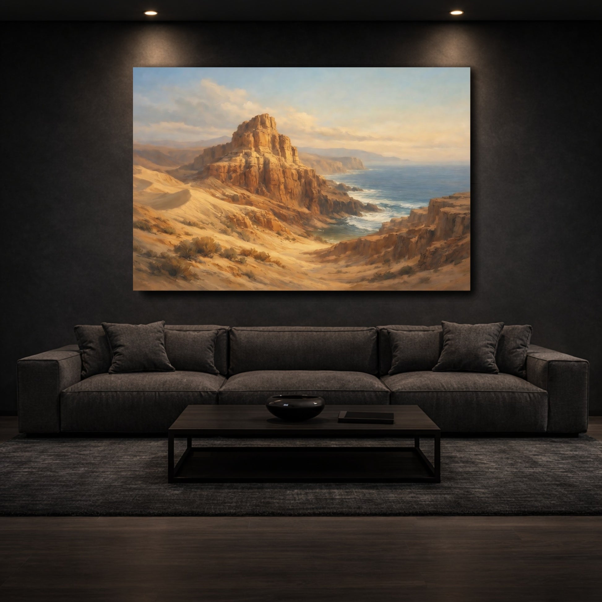 Mockup 2. Nature Coastal Cliffs Brown And Blue Landscape shown as stretched canvas wall art