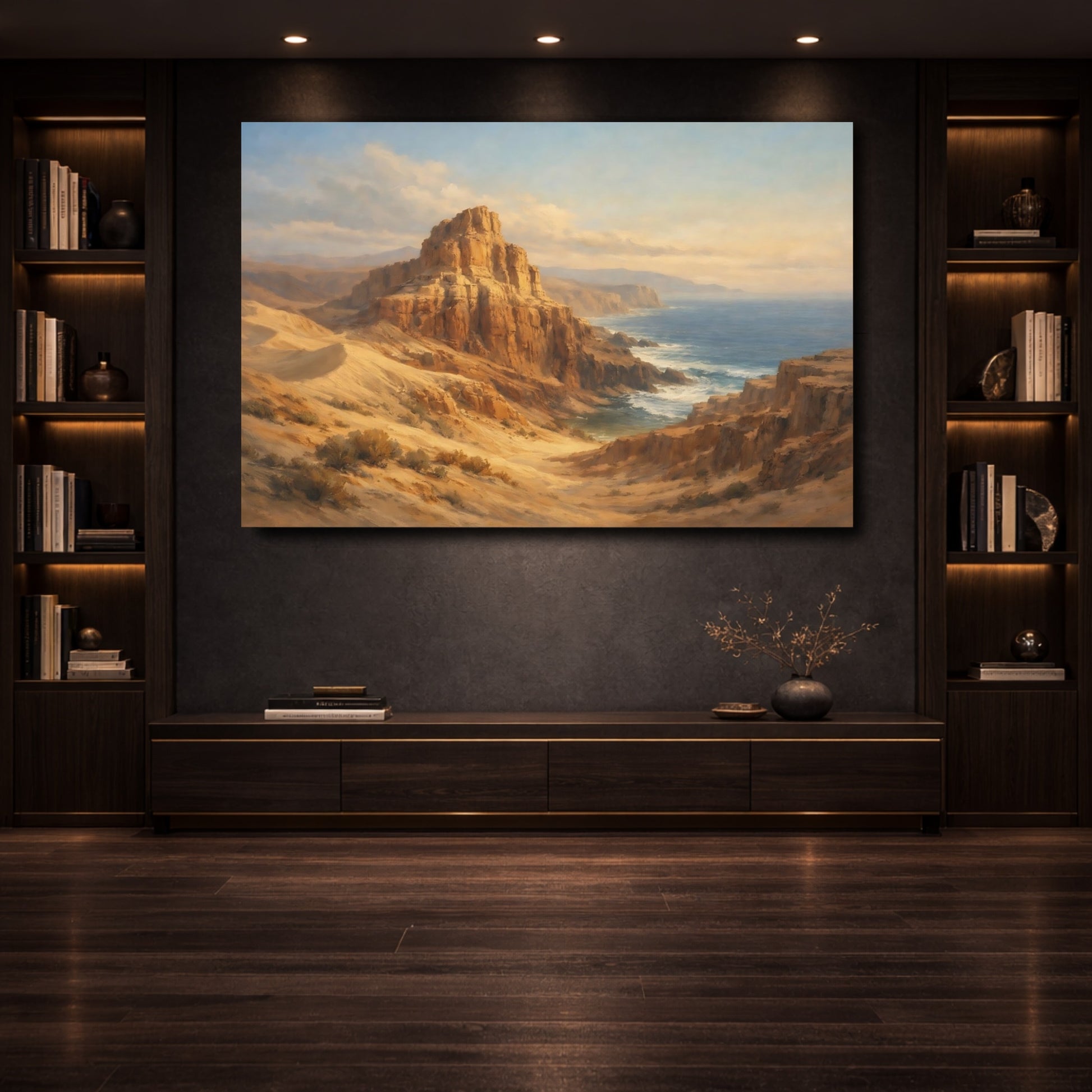 Mockup 3. Nature Coastal Cliffs Brown And Blue Landscape shown as stretched canvas wall art