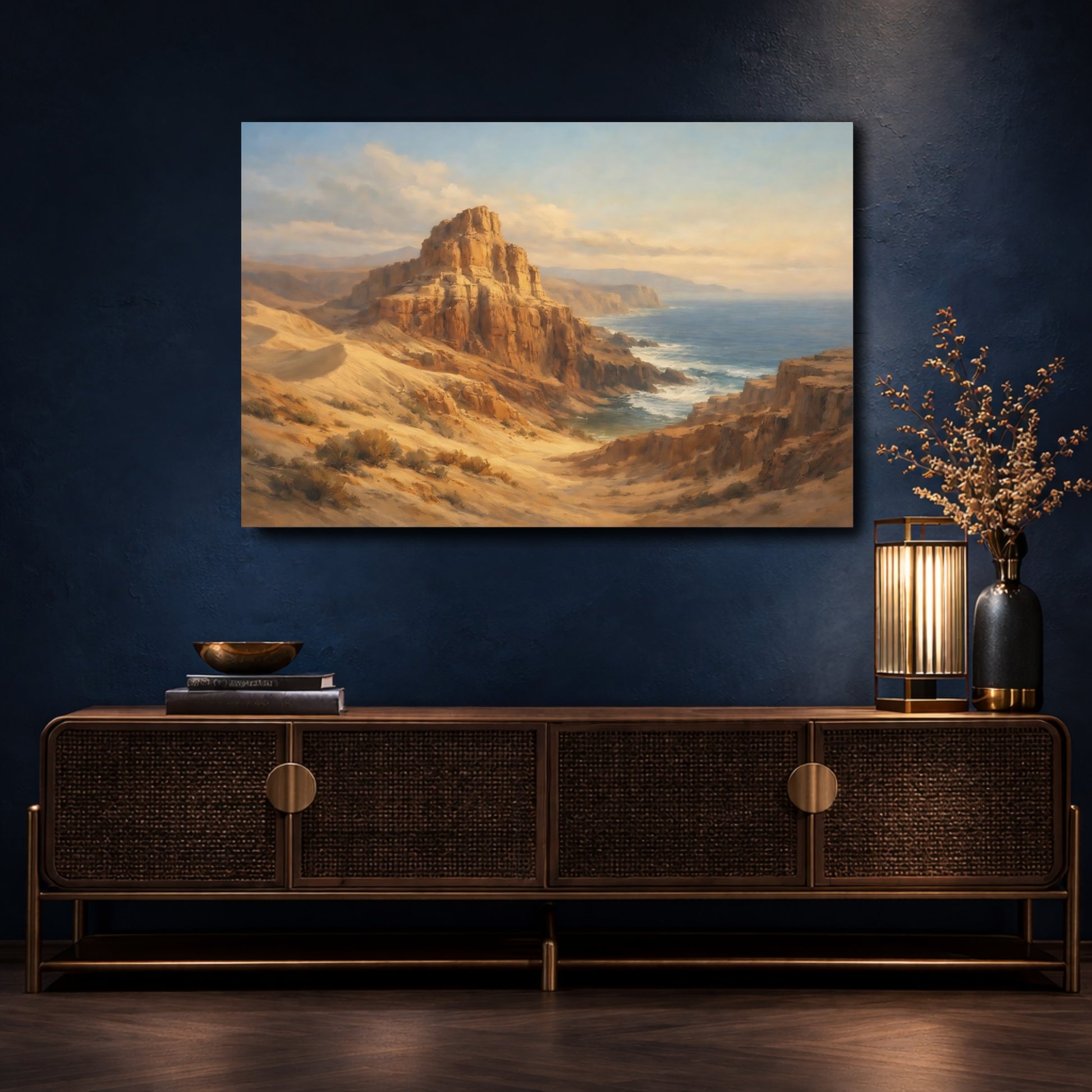 Mockup 4. Nature Coastal Cliffs Brown And Blue Landscape shown as stretched canvas wall art
