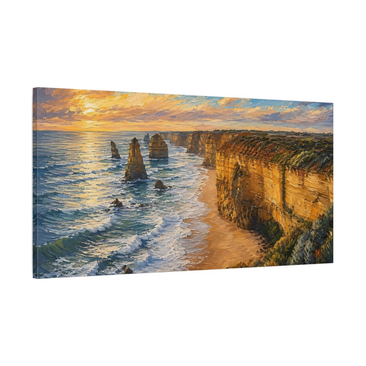 Main Mockup. Nature Coastal Cliffs Coastal Sunset shown as stretched canvas wall art